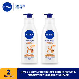 (PAKET HEMAT ISI 2) NIVEA Body Lotion Extra Bright Repair & Protect SPF15 380ml - Hand body lotion moisturizer mencerahkan kulit kusam rusak badan glowing brightening tone up melembabkan kering SPF UV sunscreen - 40x Vitamin C Grapeseed oil 8 Super food