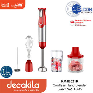 Decakila KMJB021R Cordless Hand Blander | 100W | 5-in-1 Set | 2-Speeds | SUS shaft blend rod | 2-Bladed Stainless Steel Blade