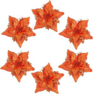 jojofuny 6 Pieces Glitter Poinsettia Flowers Christmas Tree Ornament Artificial Xmas Flowers Fake Flower DIY Wreath Festival Wedding New Year Christmas Decor (Orange)