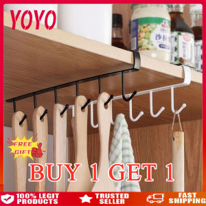 6/Hooks Cup Holder Hang Kitchen Cabinet Shelf Hanging Hook Iron Bar Shelf Storage Rack Organizer