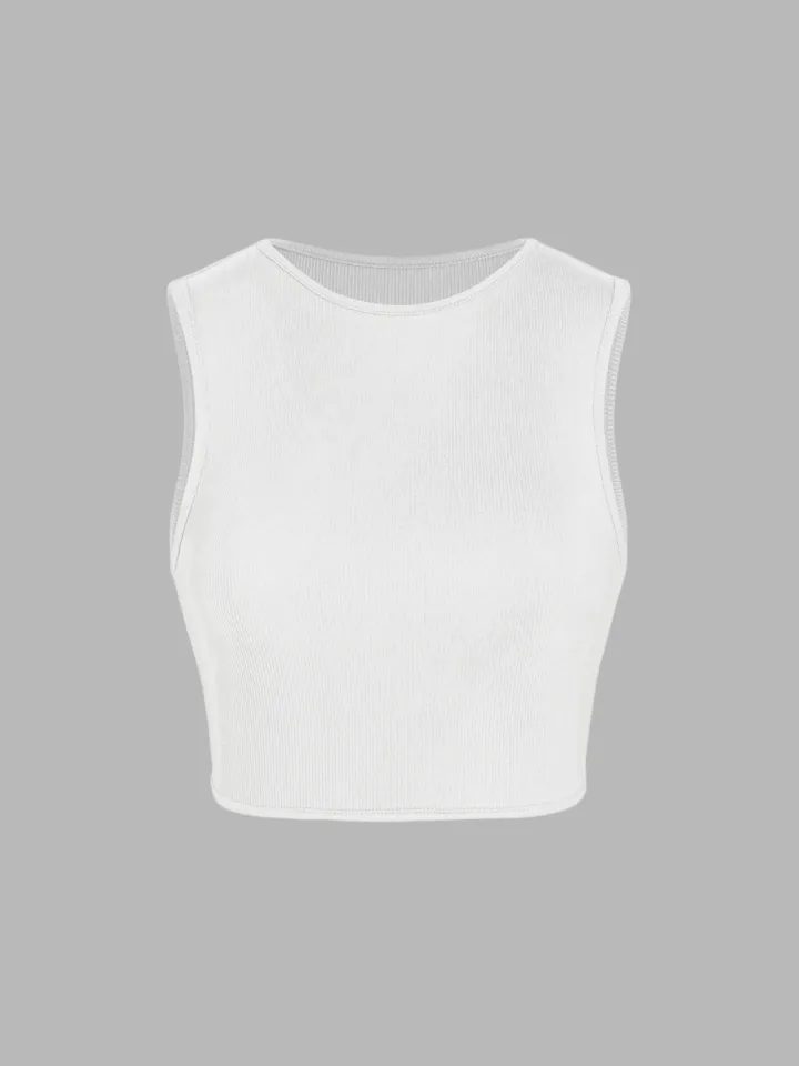 ELESOL White Crop Top Basic Sleeveless Vest Crop Top Lettuce Trim White XS  at  Women's Clothing store