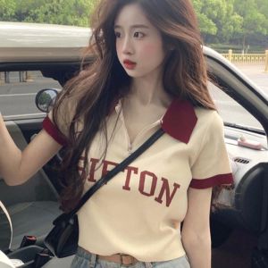 SHLIFE Summer Korean Version T-shirt Half Zipper Polo Collar Tshirt Plus Size Niche Loose Fitting Short Sleeved Polo Neck Top for Women