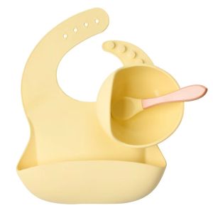 Ready Stock 3Pcs Set Baby Bib BPA Free Baby Silicone Food Grade Feeding Suction Bowl Silicone Bibs Spoon for Kids