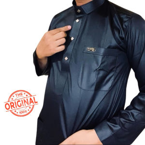 Alghin Exclusive Baju koko Elite pria muslim hitam kerah daun Bahan Saudi import polyester korea original lengan panjang