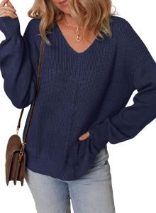 Dokotoo  Womens Casual V Collared Sweater Long Sleeve Pullover Knitted Pullover Top