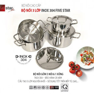 Bộ nồi xửng hấp inox 304 cao cấp bếp từ FIVESTAR Plus 3 lớp đúc liền 4 chiếc nắp inox