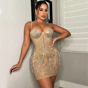 Sparkle Black Rhinestone Fringe BodysuitDresses Women Summer Glam Mesh Sequins Short Party Dress Clubwear Birthday Outfits