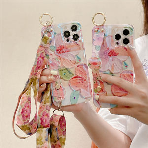 [GFAITH] New Peach Blossom Case OPPO A77S OPPO A78 5G A17K A17 A57 4G 2022 /A77 5G /A96 4G /A76 /Reno8 5G/ Reno7 5G /OPPO Reno7 /Reno7 Pro /Reno7 Z 5G Casing Soft Cover Painting Flowers With Wrist Strap Holder + Lanyard