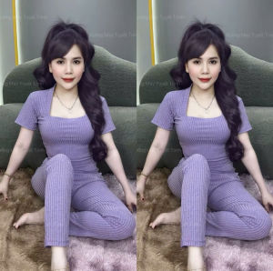 Set đồ bộ Cổ Vuông Tay Ngắn Quần Baggy chất vải thun gân đũa lạnh co dãn dày dặn