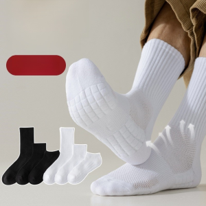 Functional Mens Socks Summer Mid-Cushion Athletic Socks with Terry Sole Breathable White Long Tube Basketball Socks