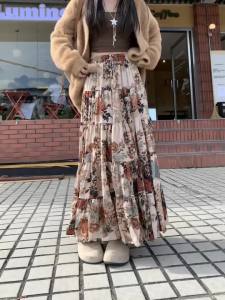 Mid Long Skirts Womens Floral Skirt  Spring Autumn Korean Goth Lolita High Waist Ruffle Pleated Maxi Skirts Rok