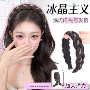 QUESU Elegant Rhinestones Twist Braided Hairband Head Hoop Synthetic Hand-woven Headband Natural Non-Slip Fishbone Braids Hair Bands for Lazy Girls