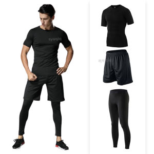 Paket 3 in 1 Setelan Olahraga Manset Baselayer Lengan Pendek Celana Futsal Sepakbola Celana Legging Baselayer Running Jogging Lari Dewasa