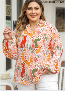 Pink Floral Print Bubble Hem Split Neck Blouse (KS25125226-P1420) - Big Size (50KG-130KG)