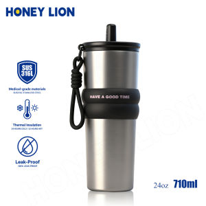 Double-Wall Vacuum Insulated Bottle - 710ml Iced Coffee Mug with Straw - 316 SS Thermal Flask - 100% Leak-Proof Fits Car Cup Holders- HoneyLion
