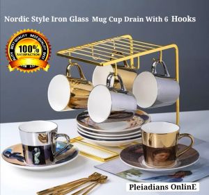 👉 READY STOCK 👉🇲🇾 Nordic Style Iron Glass Mug Coffee Cup Holder Drain Storage Rack 6 Hook Kitchen Jualan Murah Simpanan