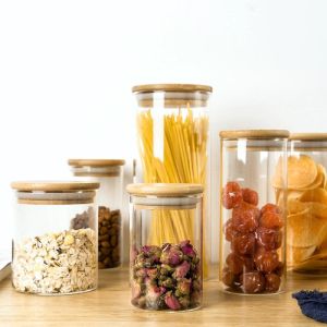 TOPLES BUMBU KACA TUTUP BAMBU BULAT / TOPLES KUE KERING MAKANAN SNACK KEDAP UDARA / PENYIMPANAN MAKANAN ESTETIK TRANSPARANT