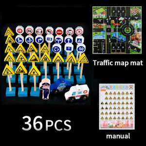 ชุดของเล่นป้ายถนนไม้สำหรับเด็กป้ายจราจรทำจากไม้ชุดสำหรับรถตำรวจและรถไฟสมบูรณ์แบบของเล่นเพื่อการศึกษาความปลอดภัยทางถนนชุดของเล่นโต้ตอบการศึกษาพ่อแม่ลูก