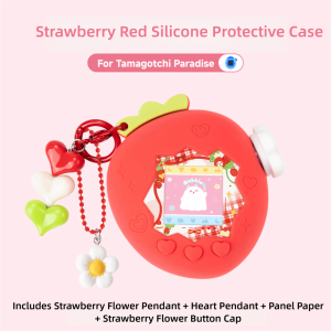 BESTITIT with Panel Paper Pendant Protective Cover Knob Cover Silicone Protective Shell Game Accessories Parts Red Pink Strawberry Protective Case for Tamagotchi Paradise Uni Electronic Pets Game Toys