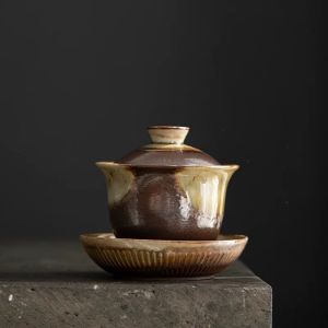 Sacesr Ceramic Retro Flow Glaze Teapot Cover Bowl Kiln Change Craft Tea Ceremony Accessories Household Creative Handmade Tea Maker 7P3H9