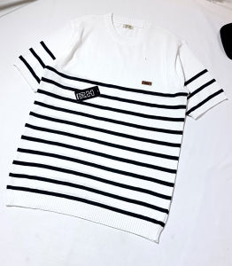 sweater pria dewasa crewneck - baju rajut pria tangan pendek kerah bulat belang hitam setrip putih coral crewneck nyaman mewah