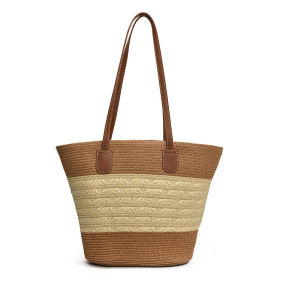 【New Arrival】 Women Stylish Knit Shoulder Bag Strip Pattern Casual Tote Bag Rattan Knitting Beach Bag Summer Beach Travel Bag