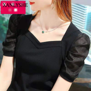 XANLYSHE เสื้อยืดผู้หญิงผ้าไอซ์ซิลซ์เสื้อยืดแขนสั้นฤดูร้อนแบบใหม่เสื้อแขนพองสไตล์พระราชวังฝรั่งเศสแฟชั่น