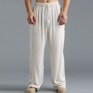 SIZE S-4XL Mens Plus Size Loose Casual Pants Elasticated Waist Tethered Straight Pants Linen Breathable Sports Cotton and Linen Trousers