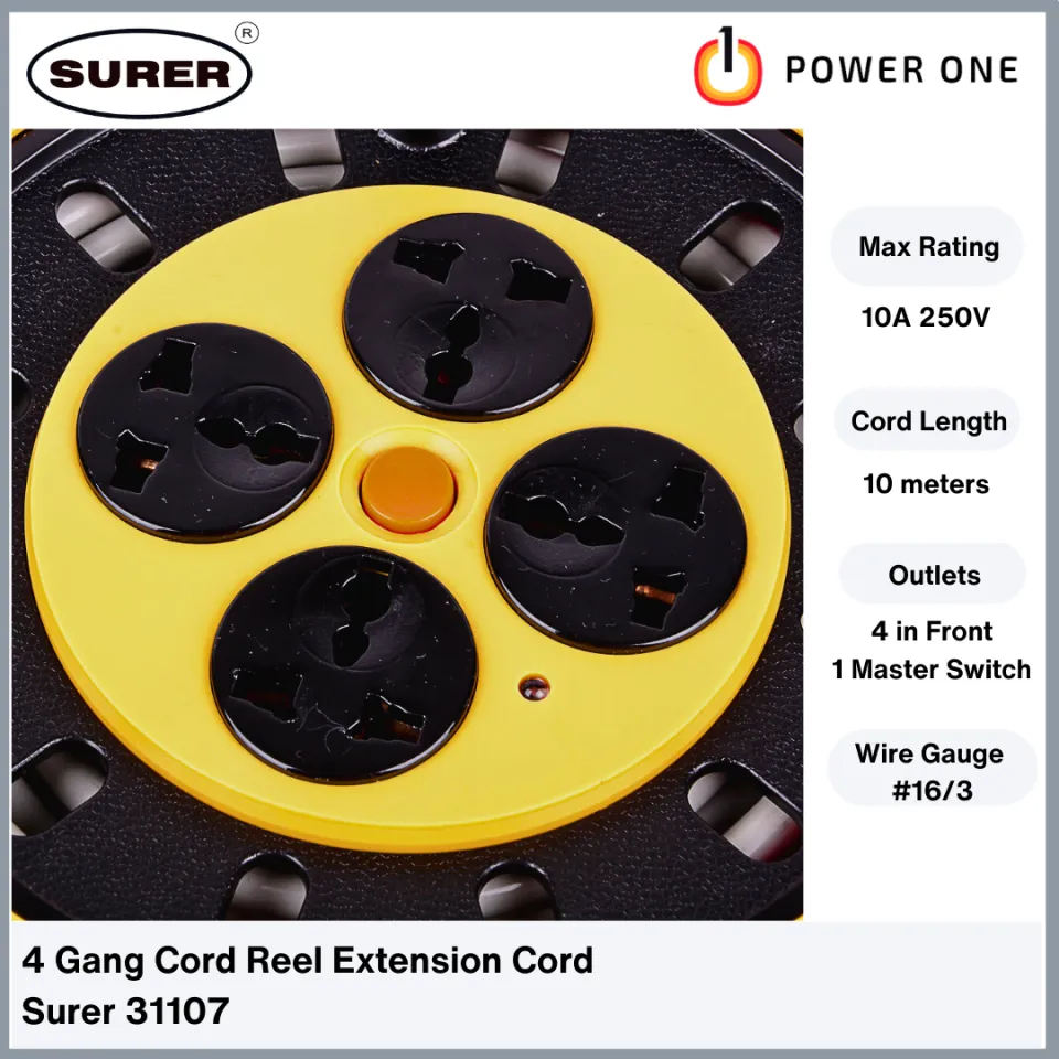 Surer 31107 4 Gang Cord Reel Extension Cord (10 meter Gauge 16 Cord)