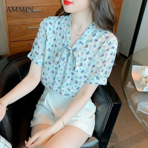 AMMIN 2022 summer new French V-neck with streamer design geometric pattern print Chic and beautiful short-sleeved chiffon shirt womens Korean style retro ruffle design elegant blouse female ins tops