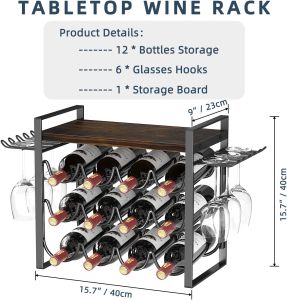 Wine Rack Freestanding Floor 14 Bottles Wine Rack Organizer Steel With Wooden Desktop Floor-Standing Wine Cabinet with Glass Holder Wine Bottle Holder for Home Bar Living Room Restaurants Dining Room