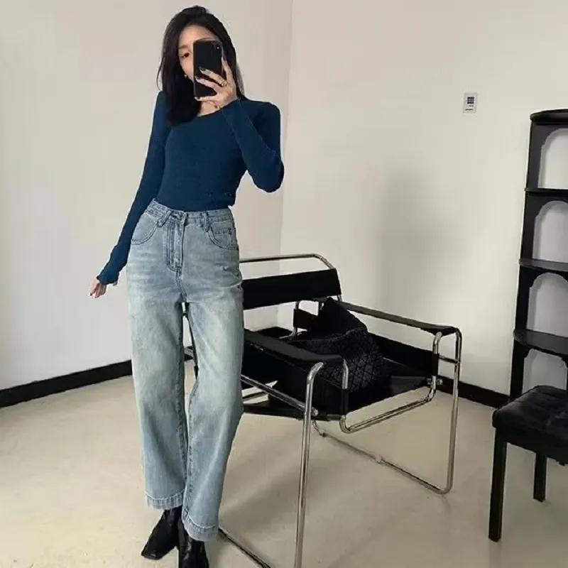 High waist jeans for women in spring and autumn, new style straight tube loose  wide leg pants, small pants, high street ins fashion