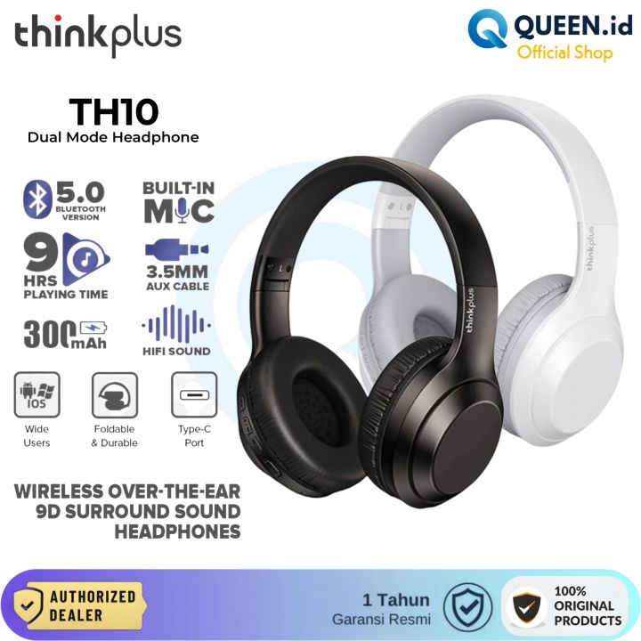 Lenovo ThinkPlus TH10 2 in 1 HiFi CVC AUX Wireless Bluetooth On-Ear Headphone Headset - Headphone LENOVO TH10 Dual Mode Stereo Audio Sound Garansi Resmi 1 Tahun
