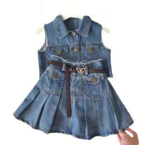 Kids Girls Terno Clothes Set Lapel Button Sleeveless Tops Vest+Pleated Skirt Casual Outfits Girl Wear