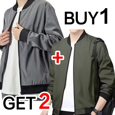 【 Buy 1 Get 2 】Unisex Mens Plain Bomber Jacket /Motorcycle Jacket Coat | Crew Neck True-to-Size