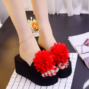 geyunya Brand Korean Version Beautiful Slippers 2.36 Inches Wedge Sandals Lotus Inlay Rubber Sole Sturdy Shoes For Women (34-39 Size)