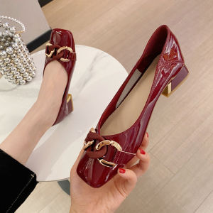 Giày Da Nhỏ Giày Một Lớp Da Bằng Sáng Chế Gót Vuông Miệng Nông Mẫu Mới Mùa Hè Giày Cao Gót Nữ Mũi Vuông Da Thật Mary Jane Sành Điệu