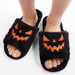 [Free Shipping] Plus-Size WomenS Halloween Pumpkin Lantern Slippers Soft Plush Open-Toe Outdoor Slippers WomenS One-Strap Slippers