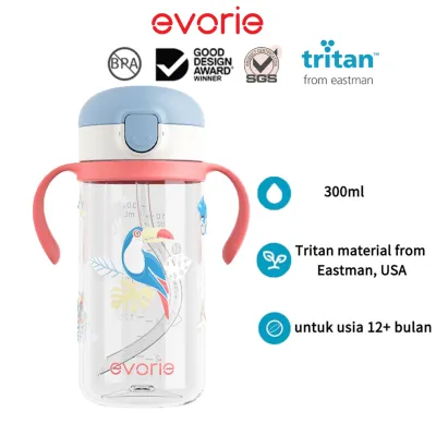 ขวดน้ำเด็ก Evorie Tritan 300ml BPA Free สำหรับเด็ก 1-3 ปี พร้อมหลอดซิลิโคน นุ่ม ปลอดภัย เก็บน้ำไม่รั่ว กันสำลัก ทนต่อการ