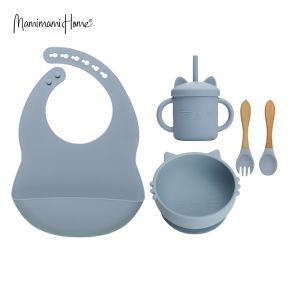 Mamimami Home Baby Meal Feeding 5pcs/set Suction BowlStraw CupAdjustable BibSoft Spoon & Fork Toddler First Meal Gift