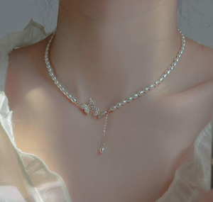 Gold Plated Rhinestone Butterfly Pendant Necklace Simulated Pearl Bead Choker Pendant Necklace