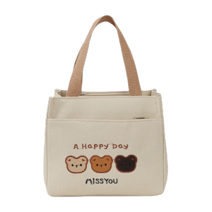 GAOSU Cute 3 Bears Embroidery Tote Bag Zipper Closure Large Capacity Storage Pouch All-Match Reusable Canvas Lunch Bag Office