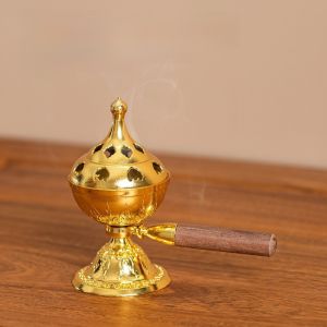UNMEGONI Rotating Incense Burner Hollow-Out Retro Style Handheld Stove  Wooden Handle Incense Holder Home Decor