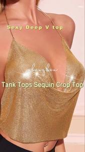 Womens Metallic Sequin Glitter Vest with Deep V-Neck Evening Party Shirt Crop Tank Tops Silver/Gold(50 * 30CM)
