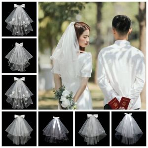 ZANWIT Pearl Bridal Veil Bow Flower Marry Veil Simple Double Layer Bride Head Gauze Women