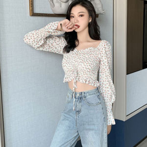 แขนพัฟ ลายดอกไม้ละเอียดอ่อน เสื้อเชิ้ตแขนยาวเปิดหลัง สดชื่นในฤดูร อ่อนเยาว์ มีหลากหลายสีให้เลือก