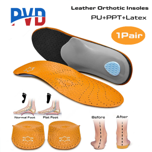 PVD 1Pair Leather Orthotic Insoles Flat Feet High Arch Support Orthopedic Shoes Sole Fit In O/X Leg Corrected Insert