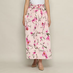 FAME - Rok Flowy Wanita Panjang Floral Print Baby Pink - 9310111