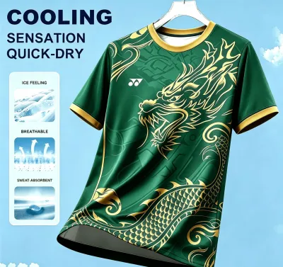YONEX Badminton Jersey Breathable Dri Fit Shirt For Men Round Neck Short Sleeves Dri Fit T-Shirts For Men Fashion Gym Training Dragon Pattern Mens Sports T-Shirts Tops