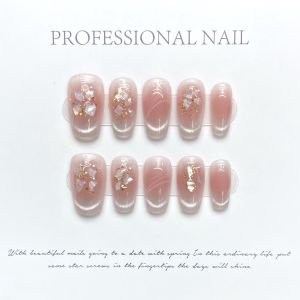 [HANDMADE]Artificial Nail Dream Ice Skin Jade Cat Eye Shell Gold Foil Pearl Blush Phototpy Nails Reusable and Removable Nails